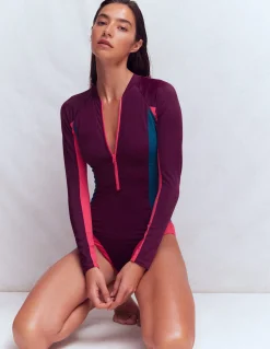 Boden Maillots De Bain-Maillot de bain sport à manches raglan Violet. Colourblock