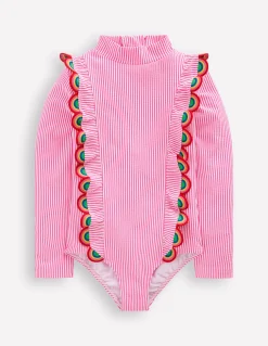 Boden Maillots & Tenues De Plage-Maillot de bain volanté à manches longues Arcs-en-ciel rayé rose fluo