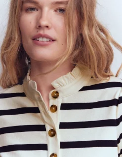 Boden Tops & T-Shirts-Marinière à col volanté Ivoire et Bleu Marine Rayé