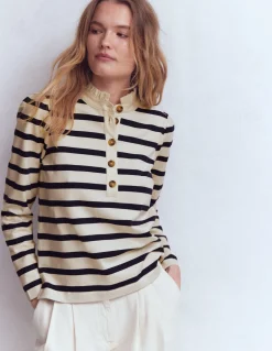 Boden Tops & T-Shirts-Marinière à col volanté Ivoire et Bleu Marine Rayé