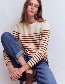 Boden Tops & T-Shirts-Marinière à épaules boutonnées Rayé ivoire et chocolat chaud