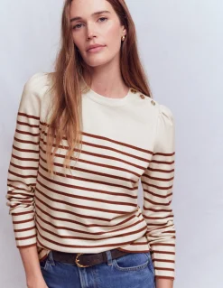 Boden Tops & T-Shirts-Marinière à épaules boutonnées Rayé ivoire et chocolat chaud