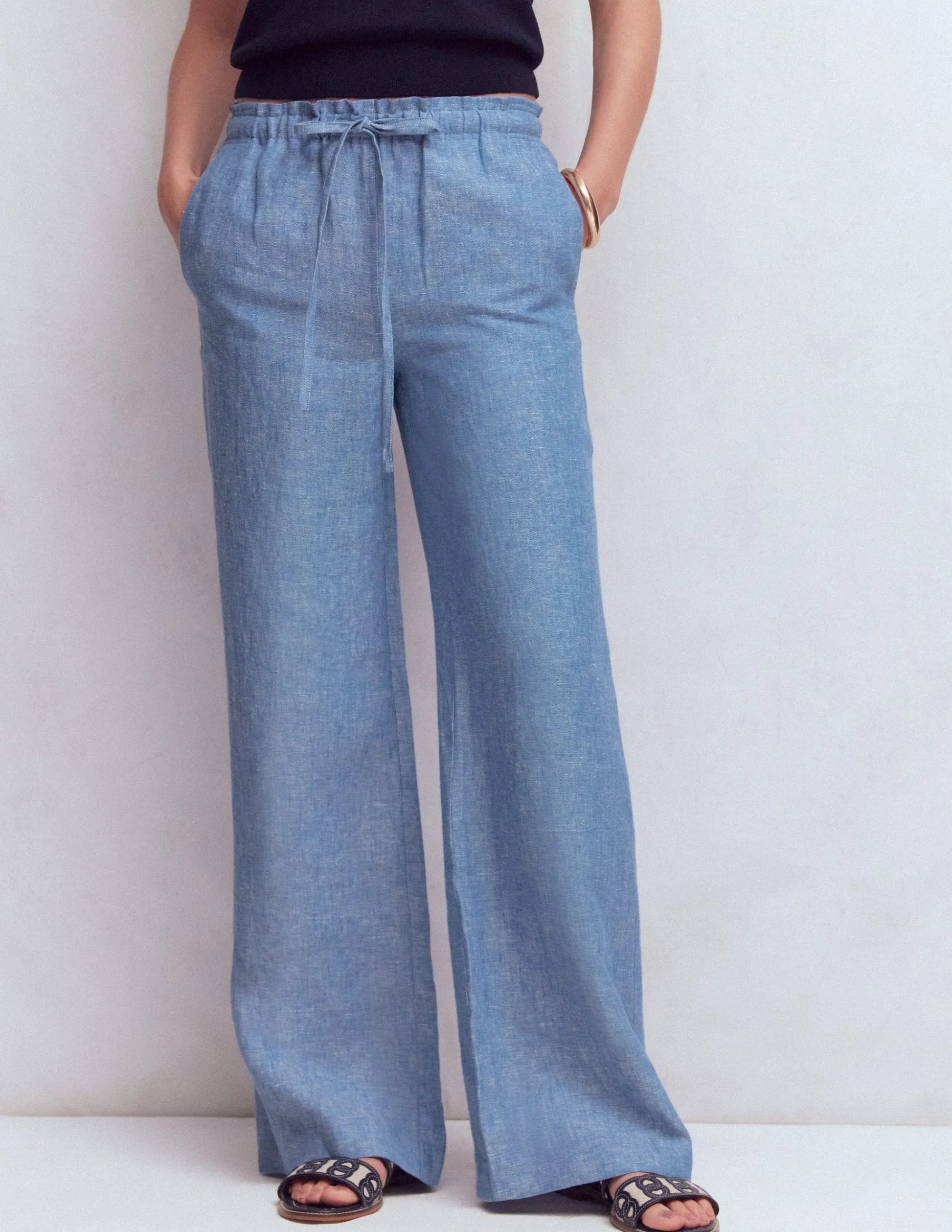 Boden Pantalons-Pantalon Islington en lin Chambray Bleu