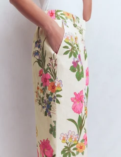 Boden Pantalons|Ensembles Assortis-Pantalon Kensington en lin Ivoire, motif Delicate Blossom