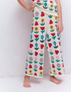 Boden Pantalons|Ensembles Assortis-Pantalon évasé en maille Motif Sunflower Garden écru chiné