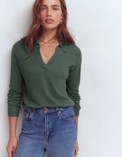 Boden Pulls & Gilets-Pull à col Agnes en lin Jaspe vert