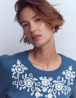 Boden Pulls & Gilets-Pull Davina à manches bouffantes Broderie bleu denim