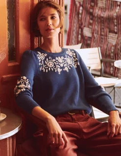 Boden Pulls & Gilets-Pull Davina à manches bouffantes Broderie bleu denim