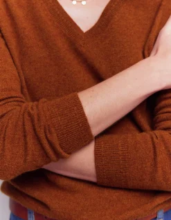 Boden Cachemire|Tenues De Travail-Pull Eva col V en cachemire Cognac chiné