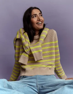 Boden Pulls & Gilets-Pull Lucy en coton épais Camel chiné, rayé fluo