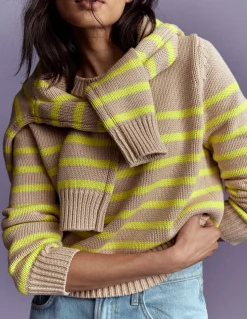 Boden Pulls & Gilets-Pull Lucy en coton épais Camel chiné, rayé fluo