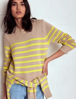 Boden Pulls & Gilets-Pull Lucy en coton épais Camel chiné, rayé fluo