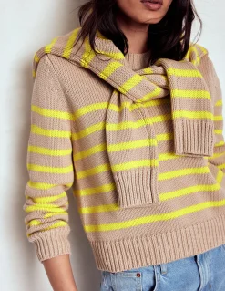 Boden Pulls & Gilets-Pull Lucy en coton épais Camel chiné, rayé fluo