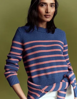 Boden Pulls & Gilets-Pull Lucy en coton épais Bleu, rayé rose