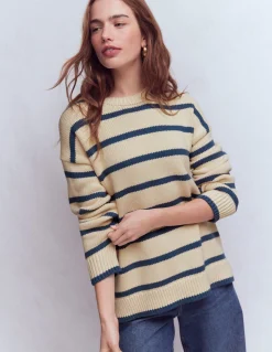 Boden Pulls & Gilets-Pull Lucy oversize en coton Rayé lait d’amande/bleu denim