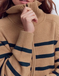 Boden Pulls & Gilets-Pull Lucy partiellement zippé Camel chiné, rayures bleu marine