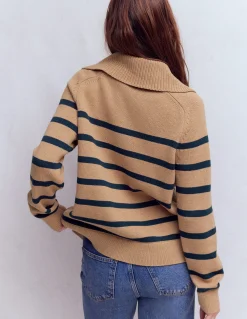 Boden Pulls & Gilets-Pull Lucy partiellement zippé Camel chiné, rayures bleu marine