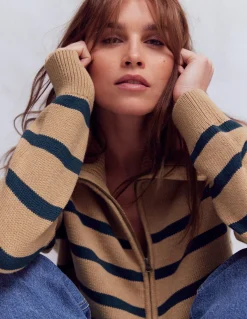 Boden Pulls & Gilets-Pull Lucy partiellement zippé Camel chiné, rayures bleu marine