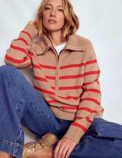 Boden Pulls & Gilets-Pull Lucy partiellement zippé Camel chiné, rayé rouge
