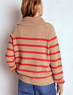 Boden Pulls & Gilets-Pull Lucy partiellement zippé Camel chiné, rayé rouge