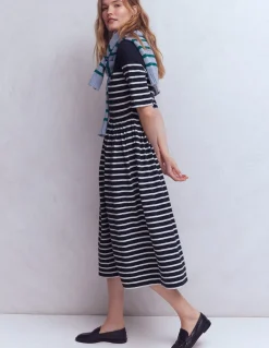 Boden Robes & Combinaisons|Midi-Robe à col Aria en jersey Bleu marine, rayé ivoire