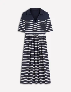 Boden Robes & Combinaisons|Midi-Robe à col Aria en jersey Bleu marine, rayé ivoire