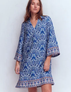 Boden Robes & Combinaisons|Robes Coupe Petite-Robe courte Carmen en lin Bleu vif, motif Elaborate Terrace