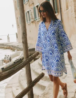 Boden Robes & Combinaisons|Robes Coupe Petite-Robe courte Carmen en lin Bleu vif, motif Elaborate Terrace