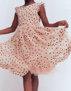 Boden Robes-Robe de cérémonie à volants en tulle Pois floqués rose fumée