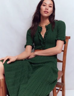 Boden Robes & Combinaisons|Midi-Robe en maille volantée à col tunisien Vert chasseur