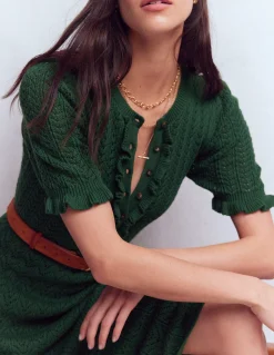 Boden Robes & Combinaisons|Midi-Robe en maille volantée à col tunisien Vert chasseur