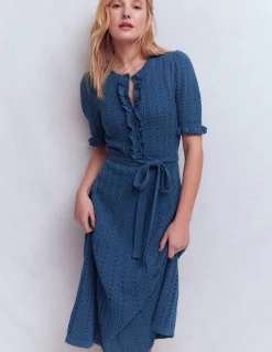 Boden Robes & Combinaisons|Midi-Robe en maille volantée à col tunisien Bleu denim