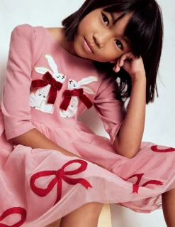 Boden Robes-Robe en tulle à appliqué Lapins rose chewing-gum