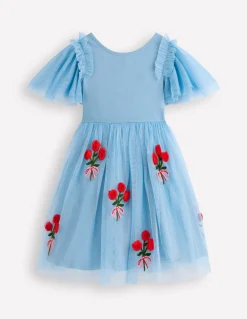 Boden Robes-Robe en tulle à manches courtes avec logo Roses bleu glacier