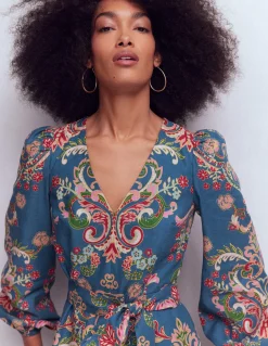 Boden Robes & Combinaisons|Longues-Robe Florence en lin mélangé Bleu, motif Enchanting Bouquet