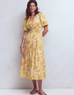 Boden Robes & Combinaisons|Midi-Robe Irene à manches bouffantes Blé doré, motif Meadow Scatter