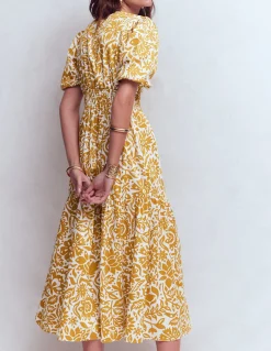 Boden Robes & Combinaisons|Midi-Robe Irene à manches bouffantes Blé doré, motif Meadow Scatter