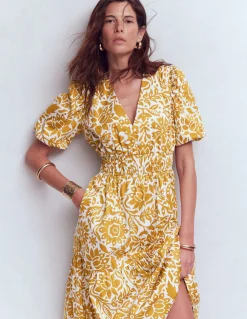 Boden Robes & Combinaisons|Midi-Robe Irene à manches bouffantes Blé doré, motif Meadow Scatter