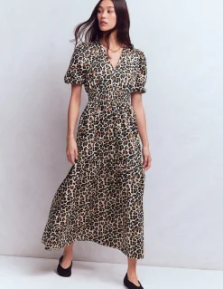 Boden Robes & Combinaisons|Midi-Robe Irene à manches bouffantes Lait d’amande, motif Cheetah Pop