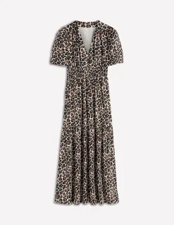 Boden Robes & Combinaisons|Midi-Robe Irene à manches bouffantes Lait d’amande, motif Cheetah Pop