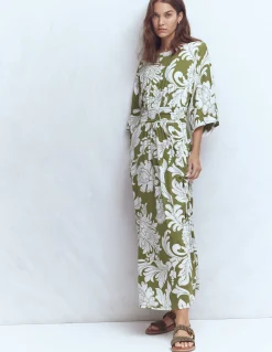 Boden Robes & Combinaisons|Midi-Robe kimono Imelda en jersey Olive, motif Botanical Flourish Mono