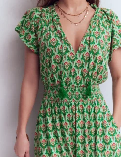 Boden Robes & Combinaisons|Longues-Robe longue Tala en jersey à volants Pistache, motif Ornamental Stamp