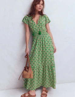 Boden Robes & Combinaisons|Longues-Robe longue Tala en jersey à volants Pistache, motif Ornamental Stamp