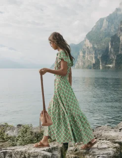 Boden Robes & Combinaisons|Longues-Robe longue Tala en jersey à volants Pistache, motif Ornamental Stamp