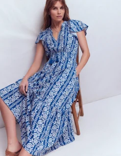 Boden Robes & Combinaisons|Longues-Robe longue Tala en jersey à volants Bleu vif, motif Ornate Floret