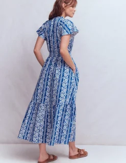 Boden Robes & Combinaisons|Longues-Robe longue Tala en jersey à volants Bleu vif, motif Ornate Floret