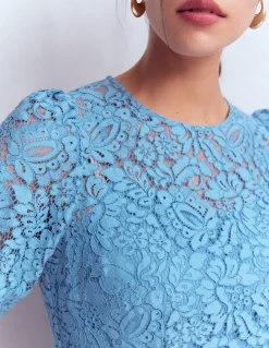 Boden Robes & Combinaisons|Longues-Robe midi à col rond en dentelle Bleu