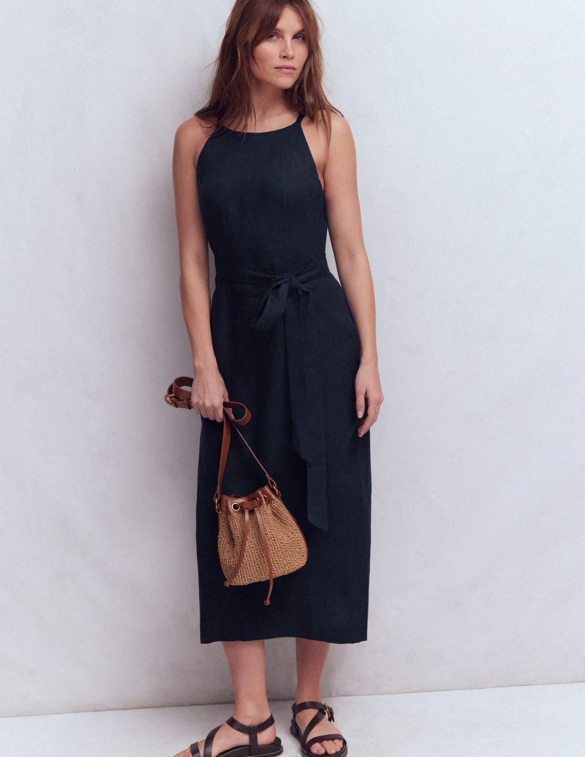 Boden Robes & Combinaisons|Midi-Robe midi à encolure américaine Rosa en lin Bleu marine