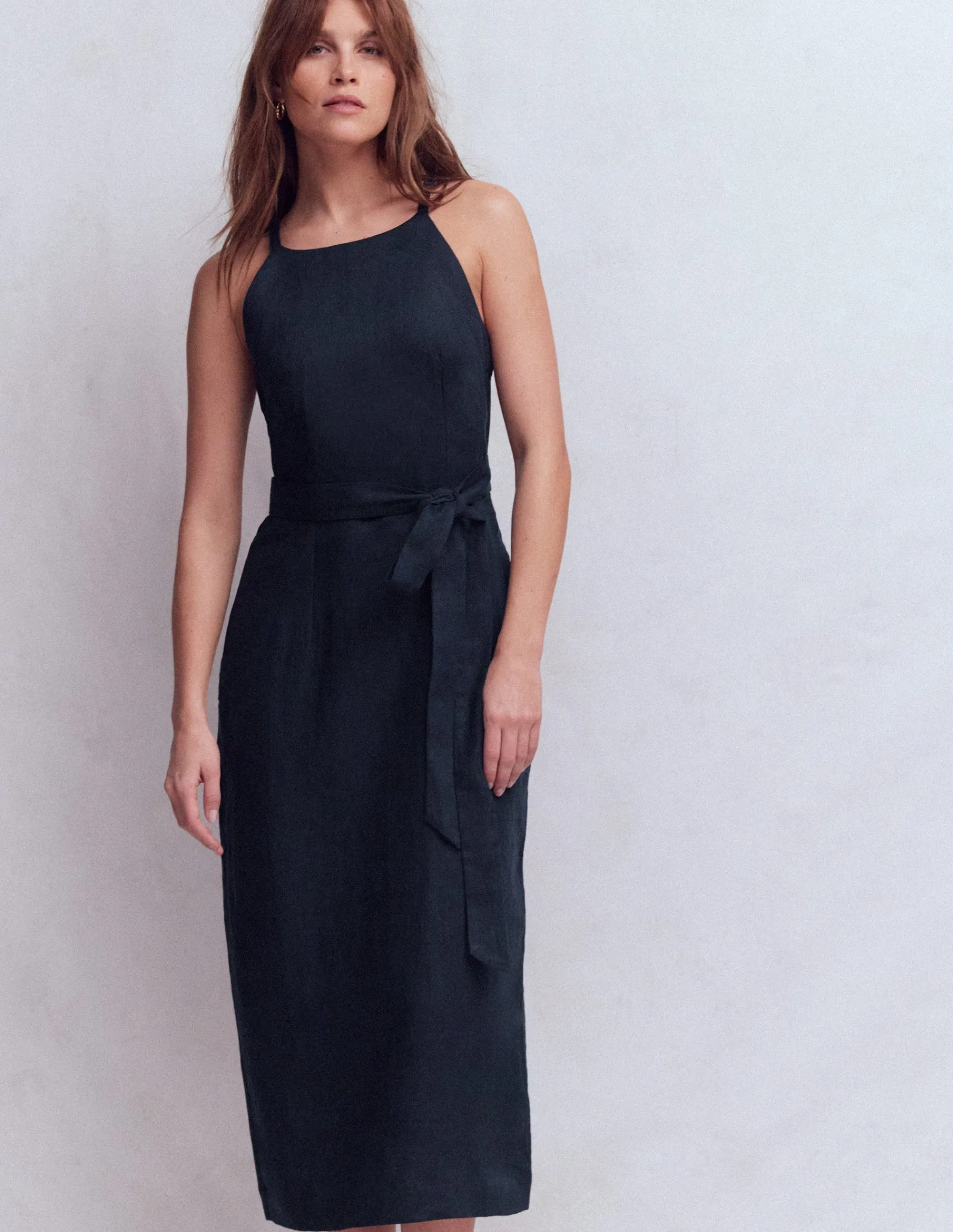 Boden Robes & Combinaisons|Midi-Robe midi à encolure américaine Rosa en lin Bleu marine