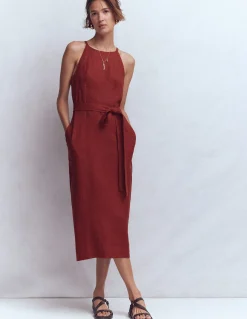 Boden Robes & Combinaisons|Midi-Robe midi à encolure américaine Rosa en lin Orange brûlé